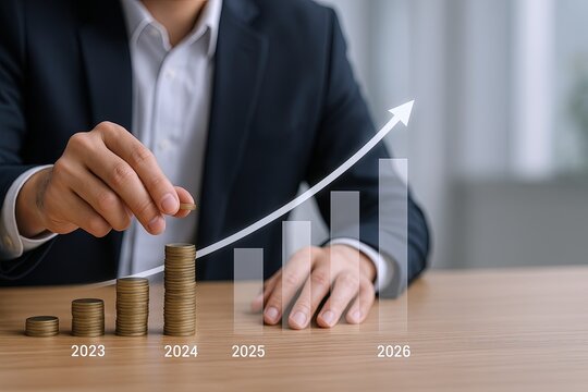Businessman analyzing financial growth with rising bar chart and coins.