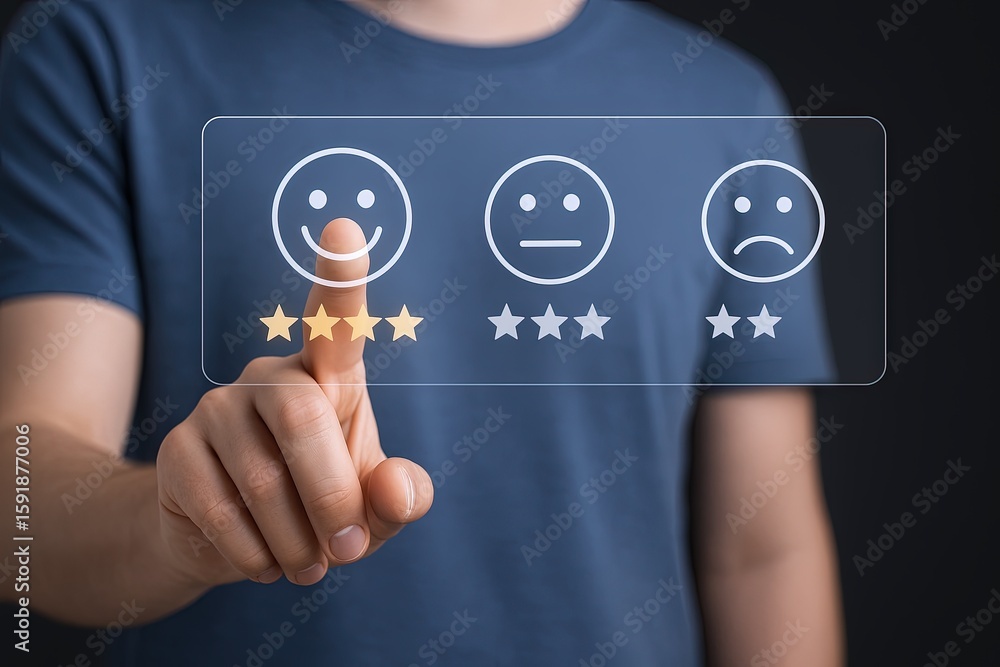 Poster close-up of a person pressing a digital smiley face rating scale on transparent touchscreen.