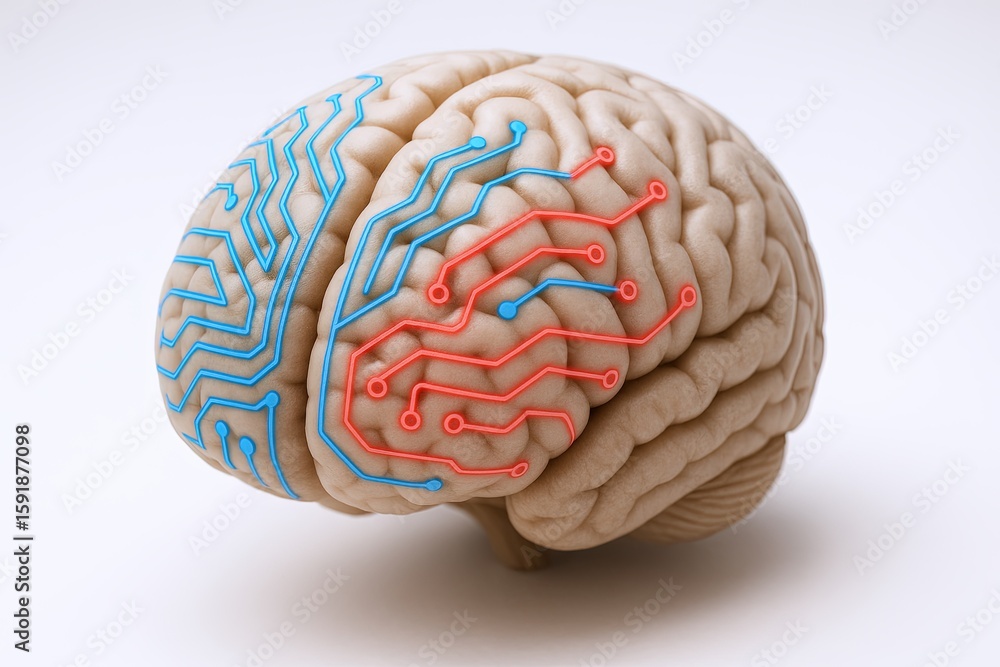 Poster artificial brain model with colorful circuitry design and complex neural structures.