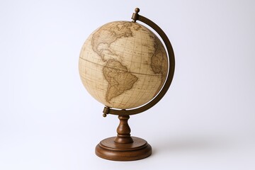 Detailed wooden globe showing world geography with latitude and longitude lines on white background.