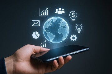 Modern digital technology concept with smartphone and floating icons including globe data analysis and communication.