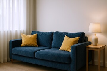 Fototapeta premium Modern blue sofa with yellow cushions in cozy living room with lamp and curtains.