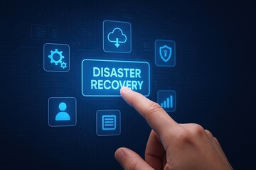 Digital Concept of Disaster Recovery with Cloud Storage and Data Security.