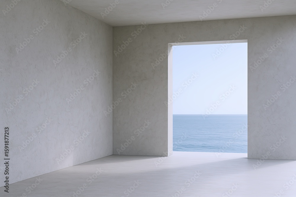 Poster minimalist empty room with a large square window overlooking a calm ocean scene.