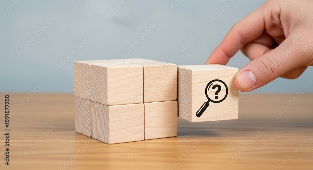 Poster wooden blocks forming cube, one block displays magnifying glass over question mark, symbolizing sear