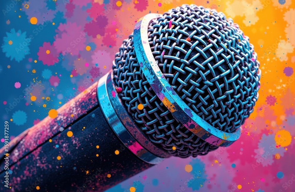 Poster microphone with colorful paint splashes creating a vibrant background