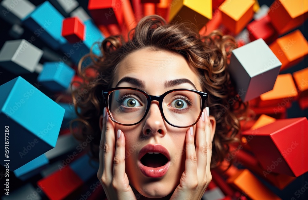 Aufkleber surprised woman with glasses surrounded by colorful geometric blocks creating a dynamic background