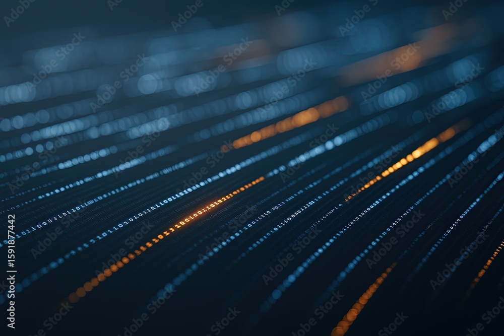 Poster abstract digital data stream with bright light trails and glowing lines in dark background.