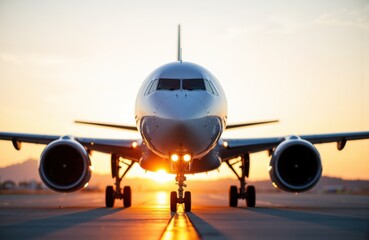 A commercial airplane is positioned on the runway during sunset with the sun shining directly beneath the aircraft