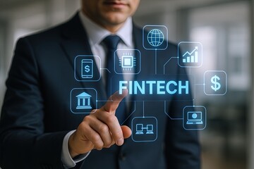 Professional businessman pointing at holographic fintech financial technology icons in modern office.