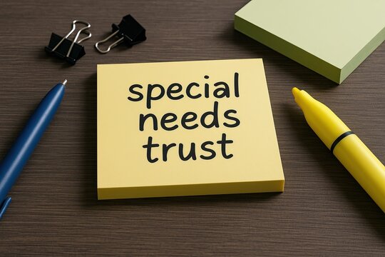 Sticky notes with handwritten message special needs trust arranged with stationery on wooden desk.