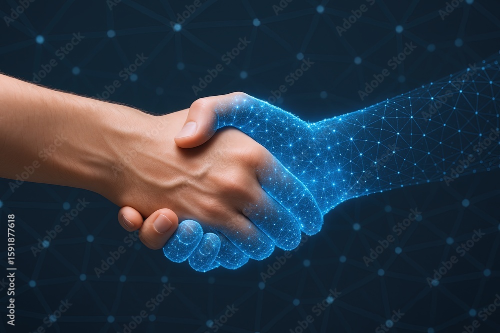 Poster digital handshake between two hands with glowing digital effects and futuristic technology.
