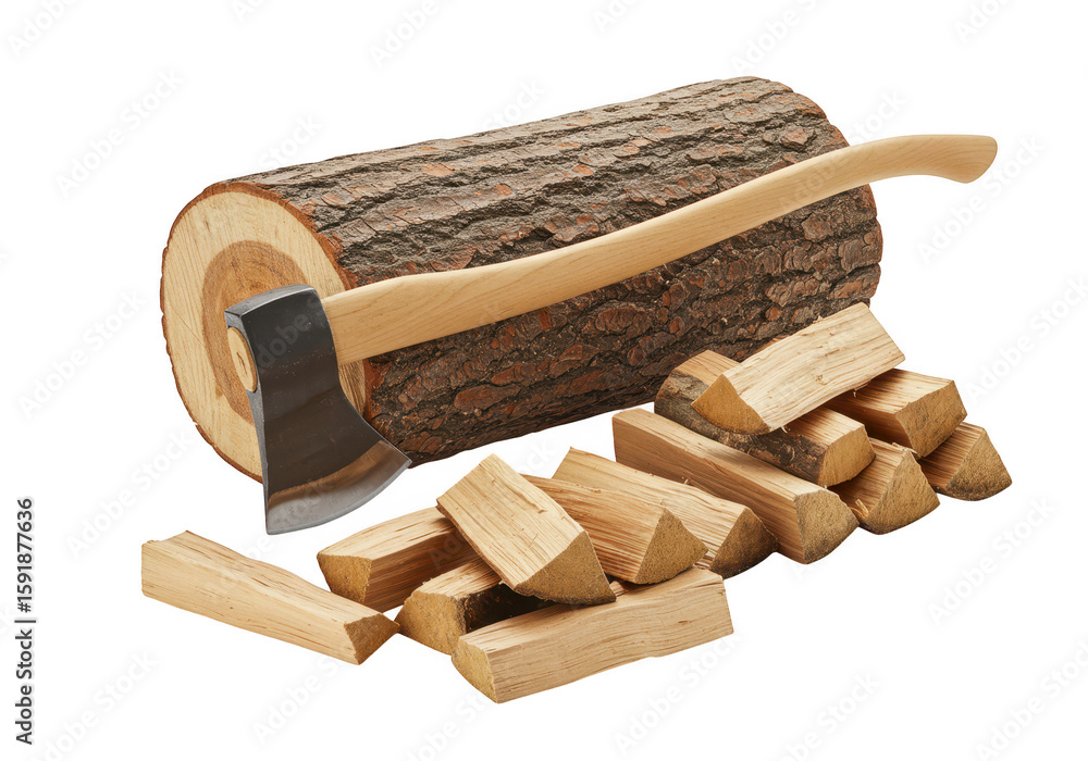 Poster a large log with an axe and a pile of cut firewood, isolated on a transparent background