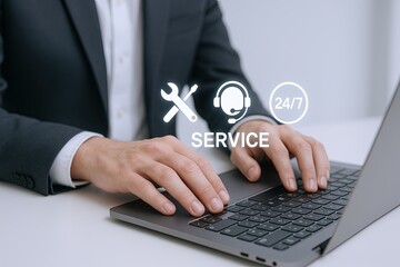 Modern business professional working on laptop providing online service customer support.