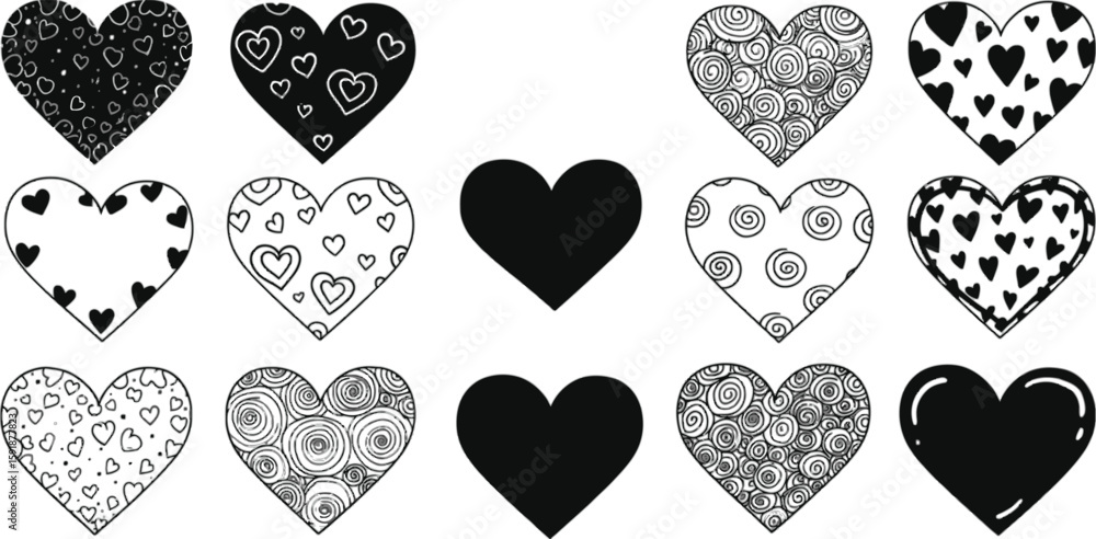 Poster vector art of collection of hand drawn hearts with different patterns isolated on transparent backgr