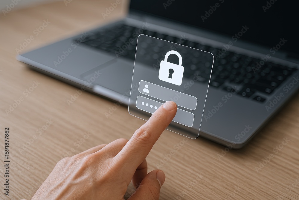 Poster modern digital security concept with biometric fingerprint scanning and lock icon on keyboard.