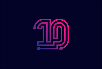 10 Number Logo, number 10 monogram line tech style, usable for anniversary, business and tech logos, flat design logo template, vector illustration