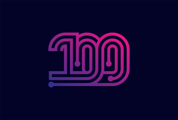 100 Number Logo, number 100 monogram line tech style, usable for anniversary, business and tech logos, flat design logo template, vector illustration