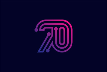70 Number Logo, number 70 monogram line tech style, usable for anniversary, business and tech logos, flat design logo template, vector illustration