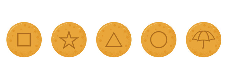 Set of five traditional Korean dalgona candies, each featuring different shape square, star, triangle, circle, and umbrella used in games or as sweet treats. Vector art