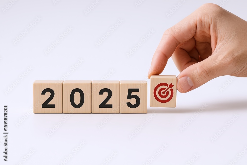 Poster hand placing a wooden block with a target icon next to blocks spelling 2025 for future planning.