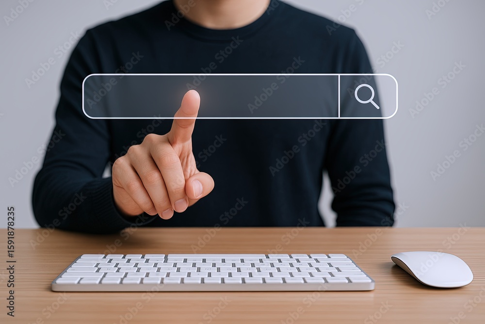 Aufkleber person with black sweater typing on a keyboard using a futuristic search bar interface.