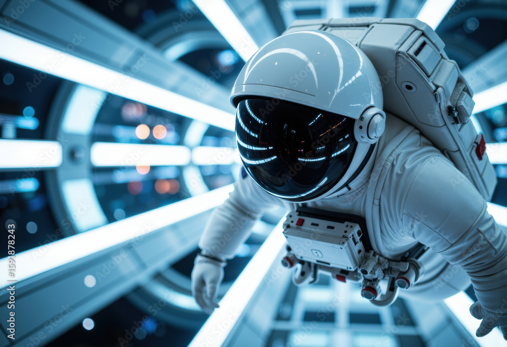 Poster futuristic astronaut in a high-tech space station with advanced lighting and design