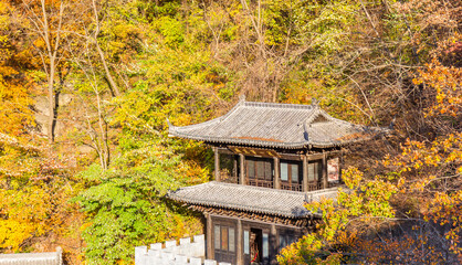 Traditional chinese wooden house at the Guan Shan Lake near Benxi, China