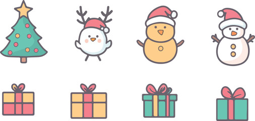 Cute Christmas Icons Pattern with Tree Bird Snowman and Gift Boxes