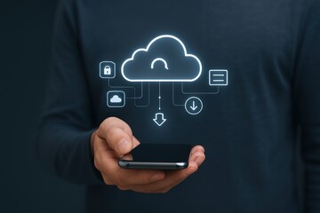 Person Holding Smartphone with Cloud Computing Icons on Screen in a Dark Clothing.