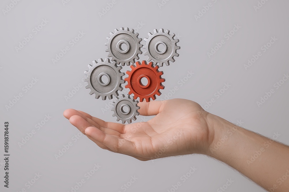 Poster hand holding interconnected gears icon set representing teamwork and process flow.