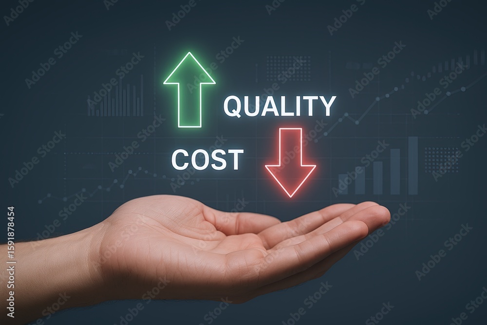 Poster hand holding digital graph with upward arrow indicating quality improvement and downward arrow for c