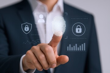 Businessman in formal suit using finger to activate digital security interface with fingerprint lock and data analytics.
