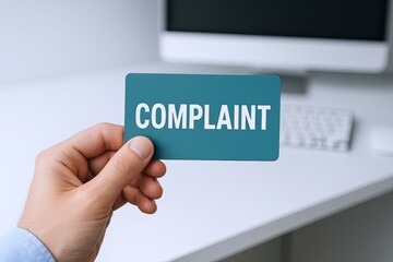 Hand holding a complaint card in front of a computer with office desk background.