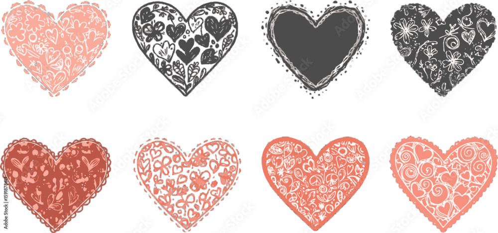Poster vector art of collection of hand drawn hearts with different patterns isolated on transparent backgr