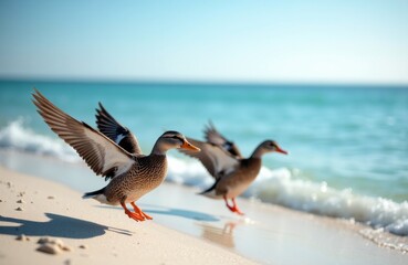 Fototapeta premium Mallard ducks walking along sandy beach with ocean waves in the background