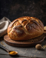 A golden-brown loaf of rustic bread sits on a wooden board, crusty on top with slashes