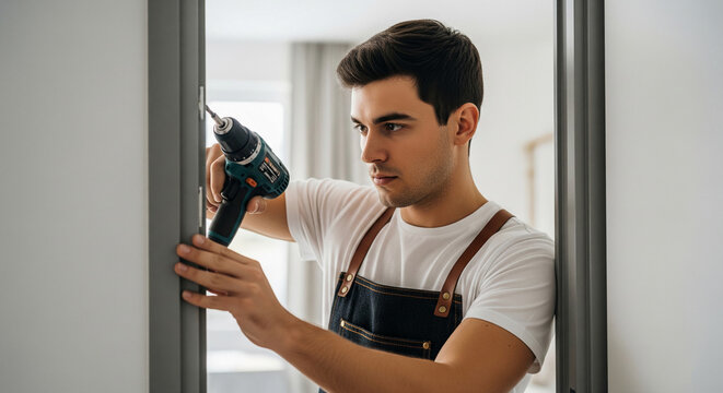 Young man using drill to install door, showcasing home improvement, DIY, and handyman skills.  Depicts practical work and home renovation