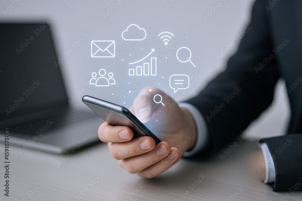 Poster business professional using smartphone with digital technology icons and graphs display.