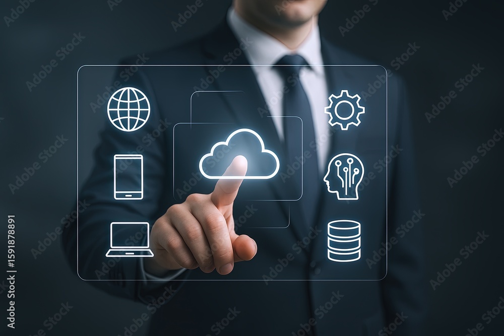 Poster businessman interacting with futuristic cloud computing and technology interface.