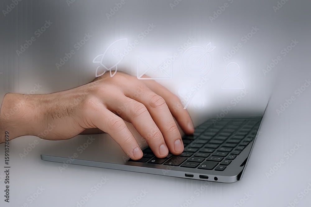 Poster close-up of a person's hand typing on a laptop keyboard with digital icons floating above.