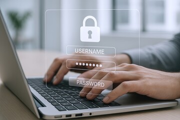 Hands typing on laptop with digital security login interface and lock icon visualization.