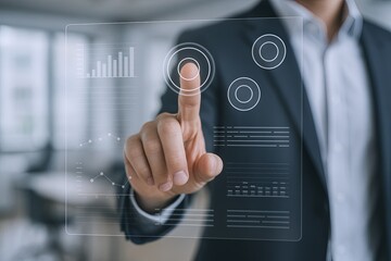 Businessman interacting with futuristic transparent digital interface interface in modern office environment.