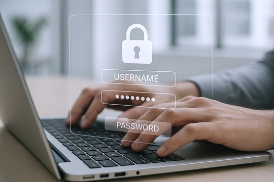 Hands typing on laptop with digital security login interface and lock icon visualization.