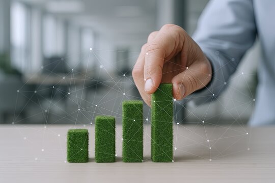 Business growth graph represented by green grass covered bars increasing in height. - Powered by Adobe