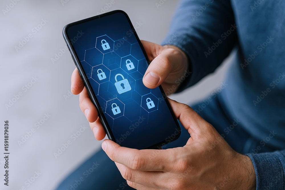 Poster close-up of a person holding a smartphone with security lock icons on screen in a modern tech enviro