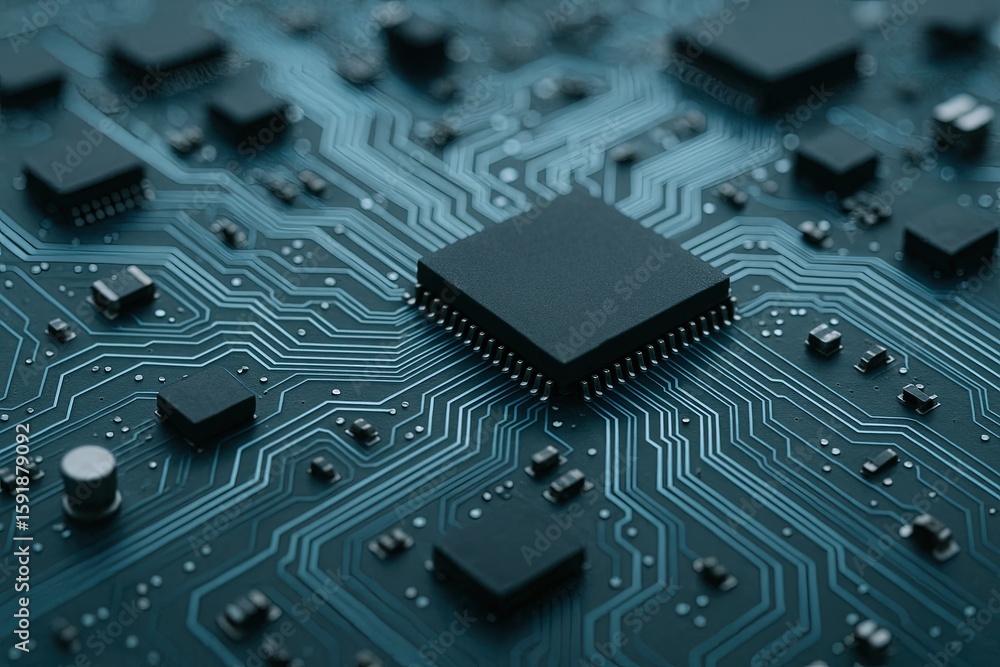 Poster close-up of a computer circuit board with microchips and electronic components detail.