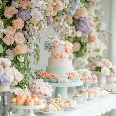 A dessert table adorned with pastel tones and delicate flowers, creating a charming and elegant display.
