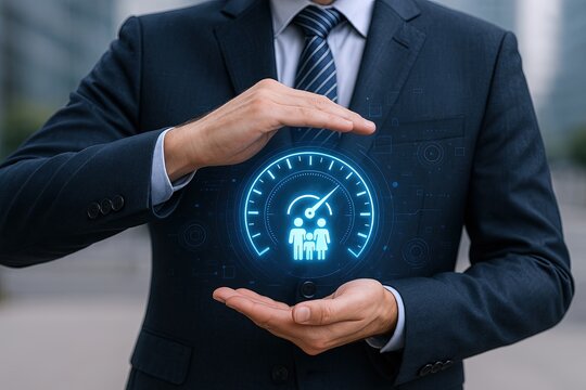 Businessman Holding Digital Business Performance Dashboard with Speedometer Icon.