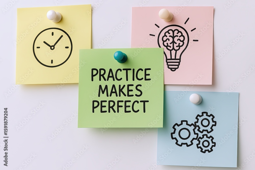 Poster motivational reminder notes with clock light bulb and gears symbols on colorful sticky notes.